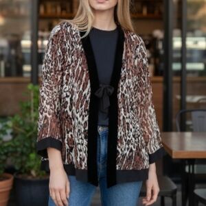 EUC Ania a. Vtg Sheer Leopard Velvet Trim Kimono Shrug Art-to-Wear Whimsigoth!
